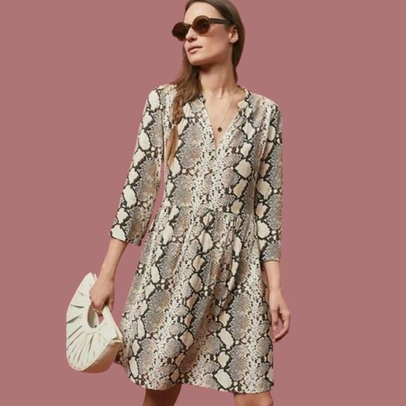 EUC Anthropologie Maeve Juno Snake Print Button Down Long Sleeve Shirt Dress XS - Picture 1 of 6